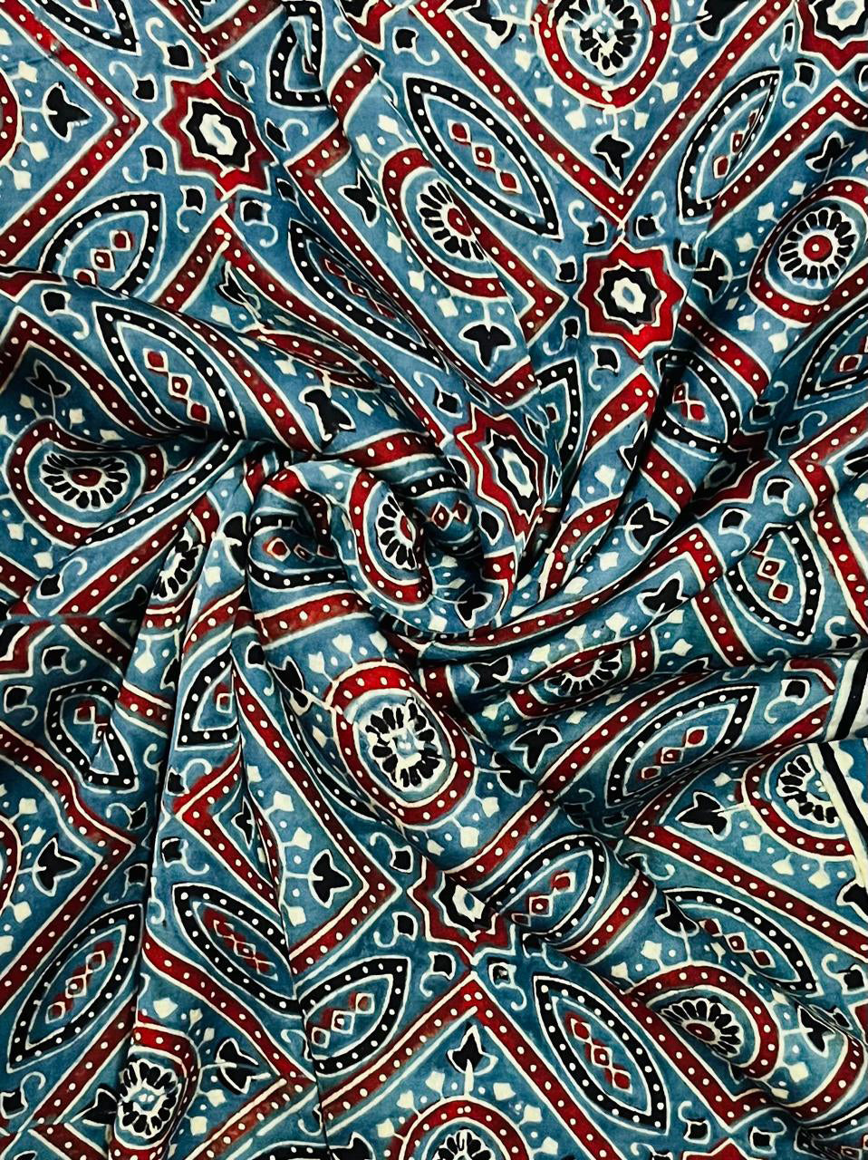 Blue Hand Block Printed Ajrakh Modal Silk Fabric