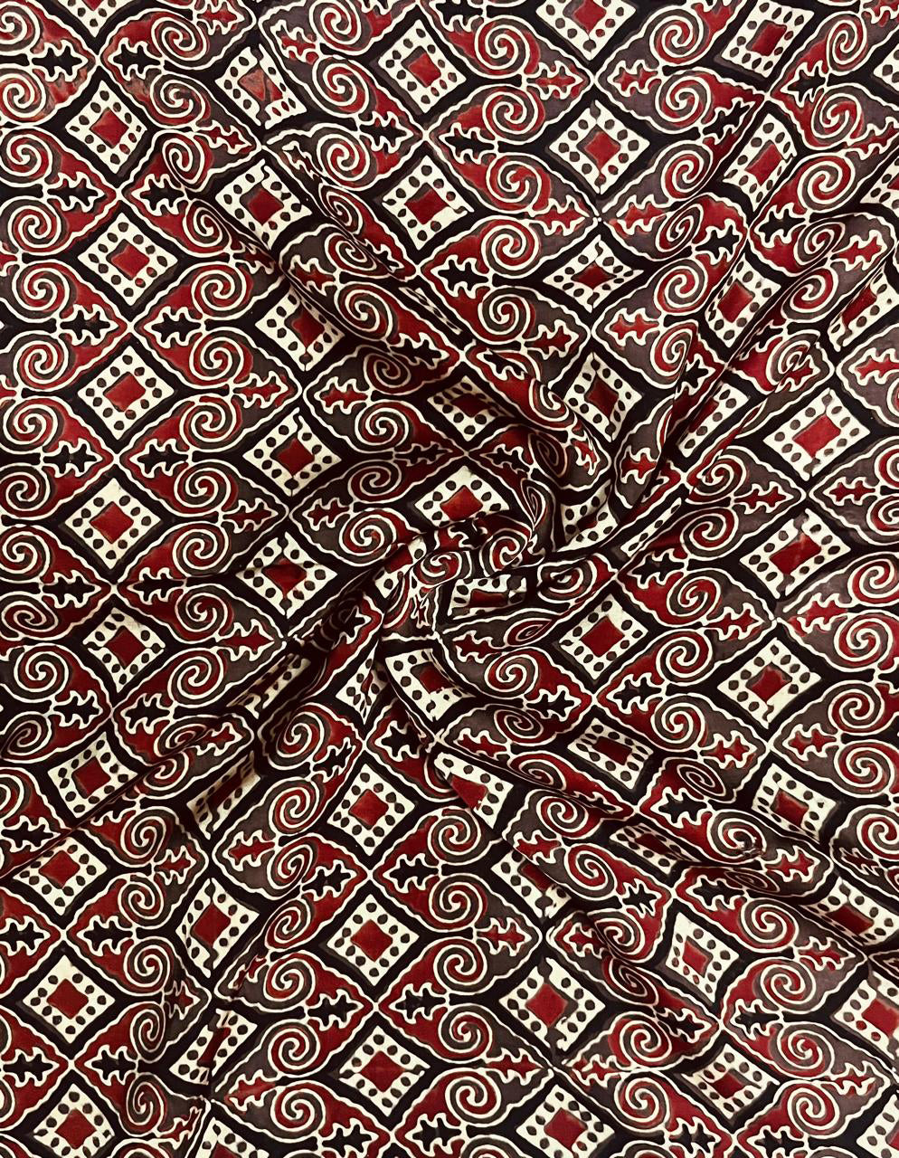 Red Hand Block Printed Ajrakh Modal Silk Fabric