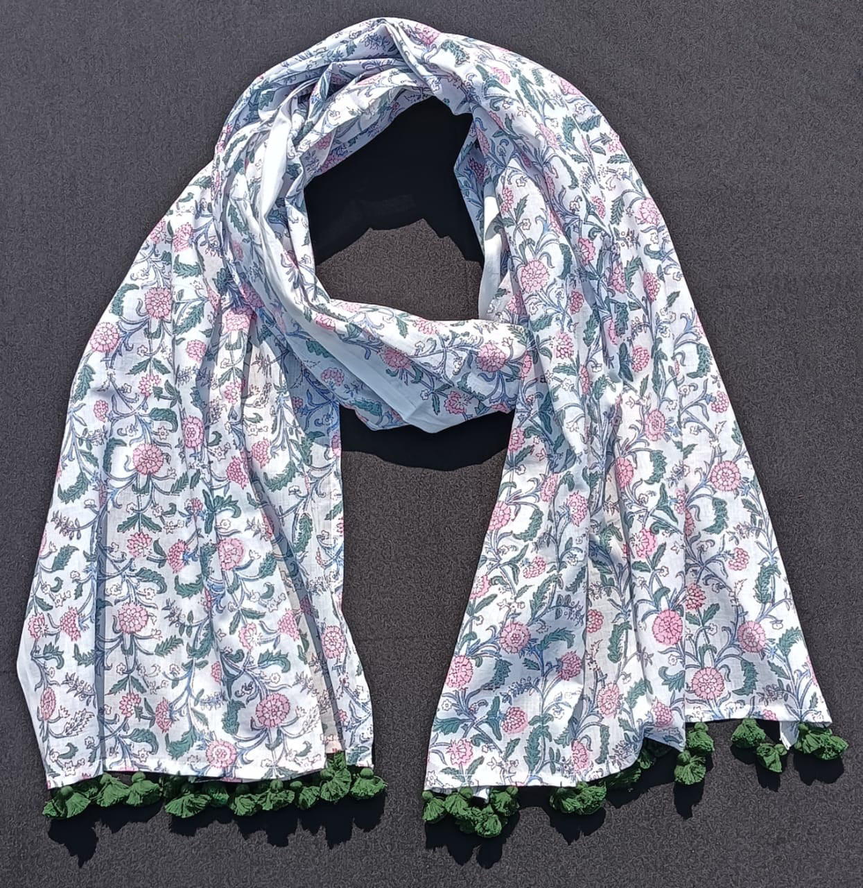 Bookaloom Basics: Green & Pink Sanganneri Floral Hand Block Printed Cotton Stole