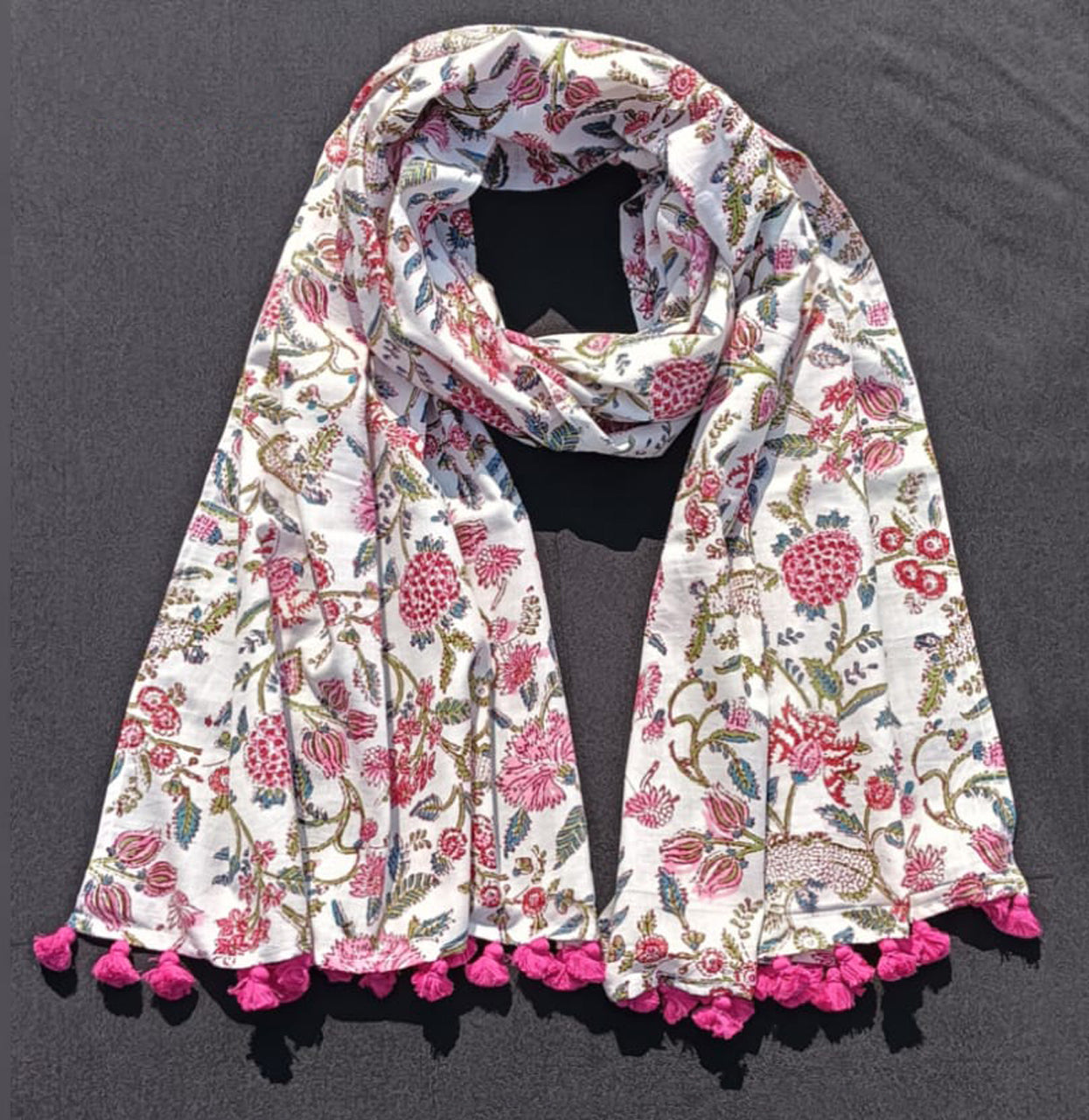 Bookaloom Basics: Blue & Pink Sanganneri Floral Hand Block Printed Cotton Stole