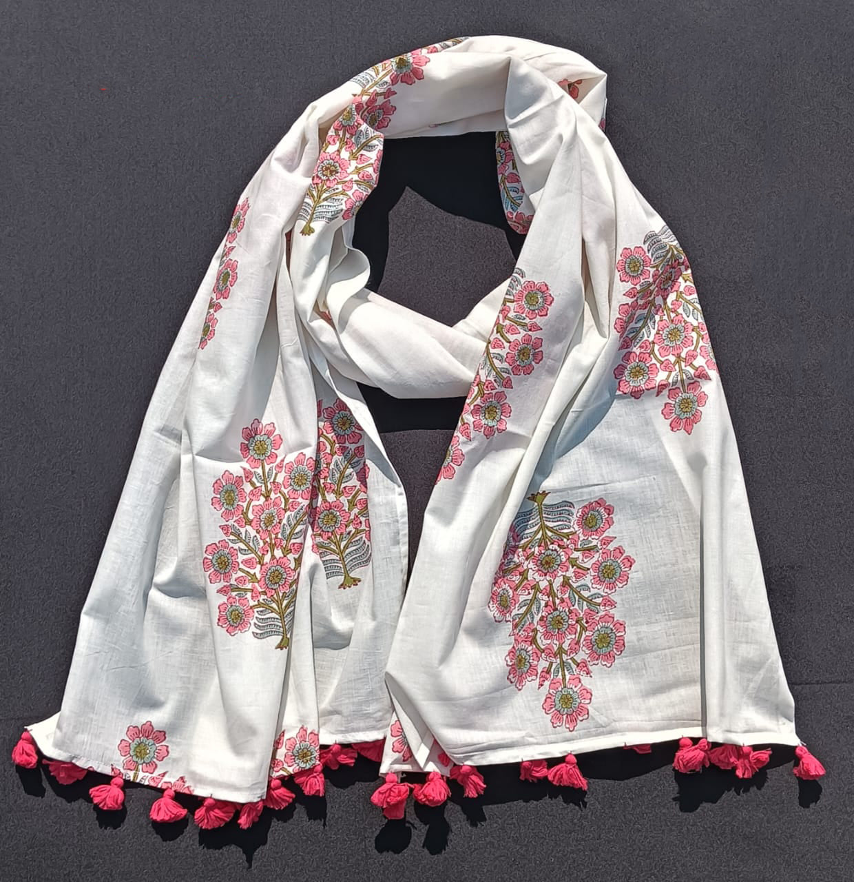 Bookaloom Basics :Pink & Blue Sanganneri Floral Hand Block Printed Cotton Stole