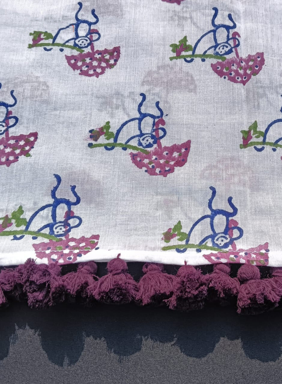 Bookaloom Basics :Sanganneri Playful Monkey Motifs Hand Block Printed Cotton Stole