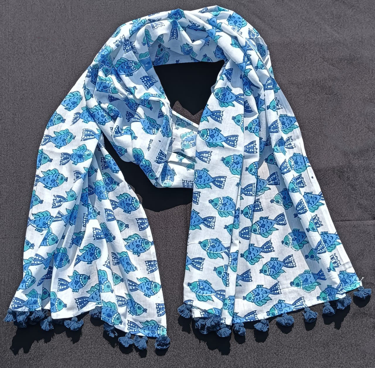 Bookaloom Basics :Handcrafted Blue Fish Motif Sanganneri Hand Block Printed Cotton Stole