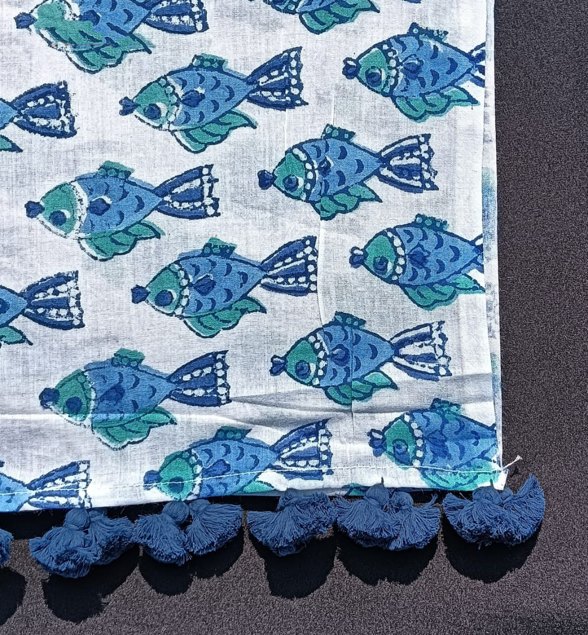 Bookaloom Basics :Handcrafted Blue Fish Motif Sanganneri Hand Block Printed Cotton Stole