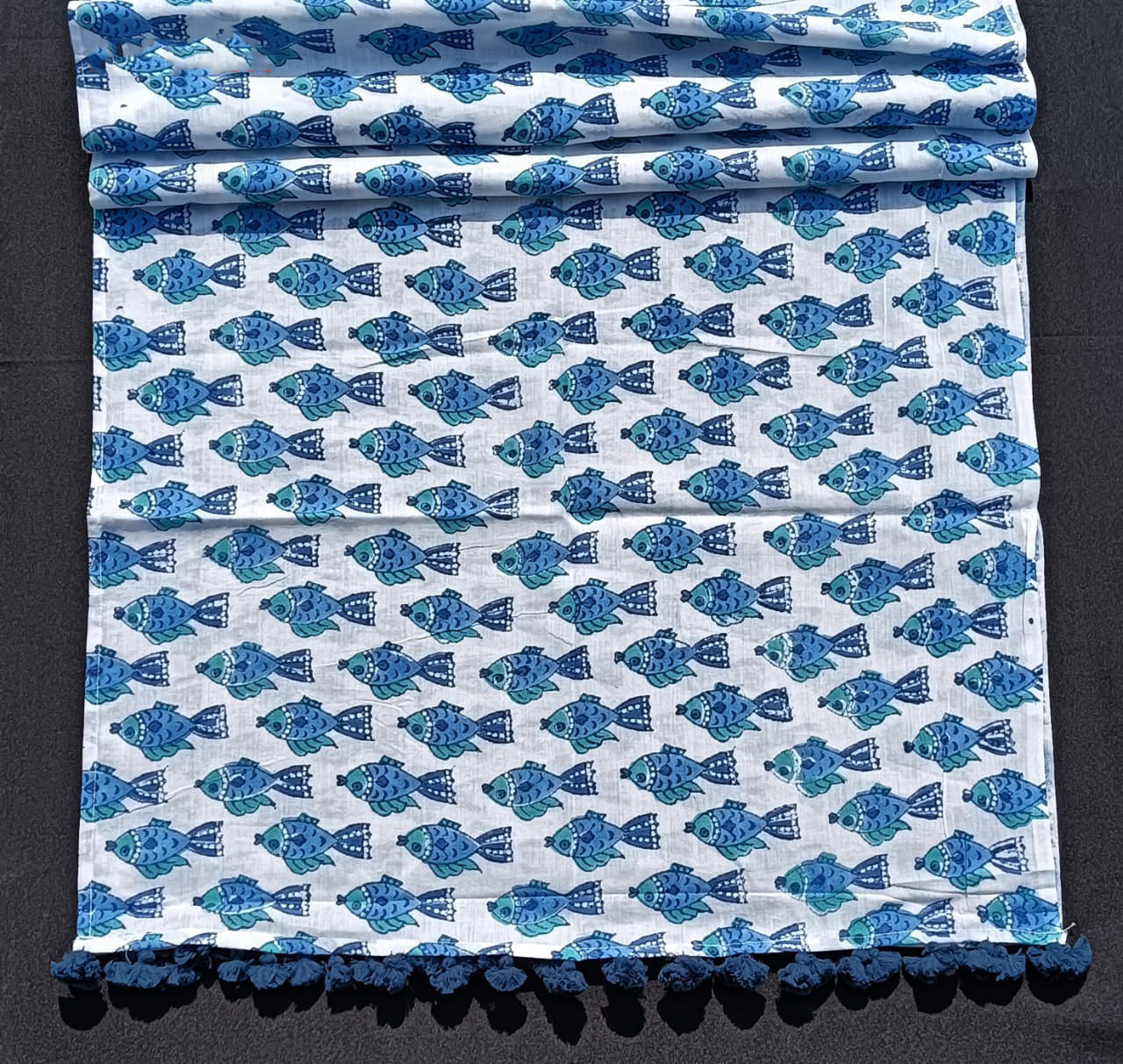 Bookaloom Basics :Handcrafted Blue Fish Motif Sanganneri Hand Block Printed Cotton Stole