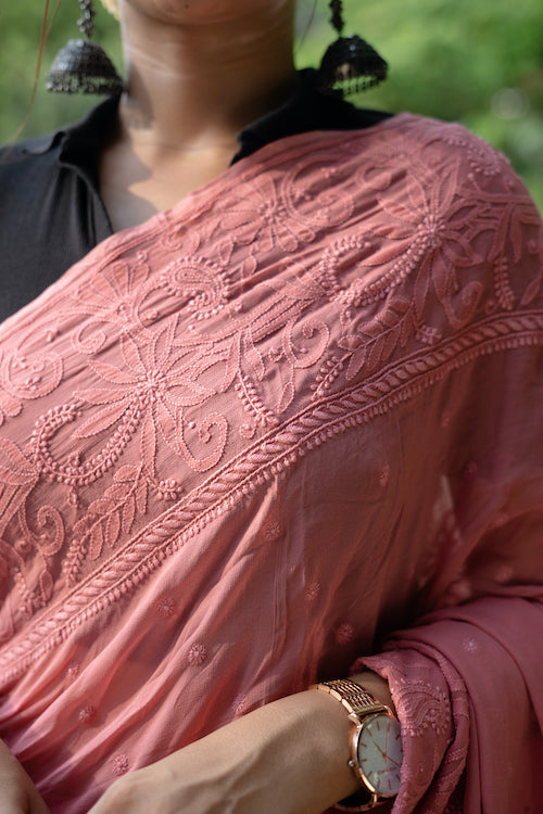 Shwet "Pastle Hues" Smokey Red Chikankari Georget Saree