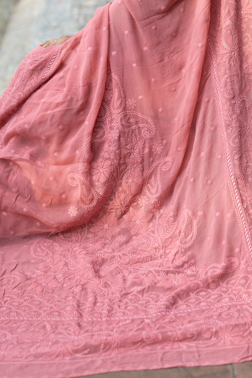 Shwet "Pastle Hues" Smokey Red Chikankari Georget Saree