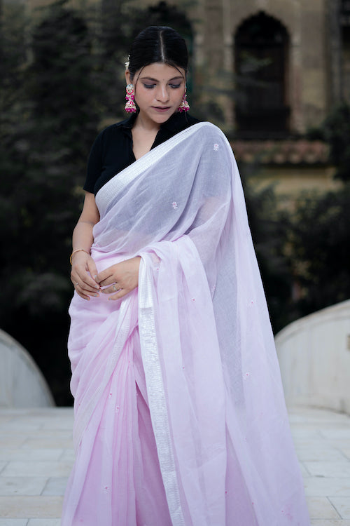 Shwet "Pastle Hues" Pink Chikankari Mul Cotton Saree