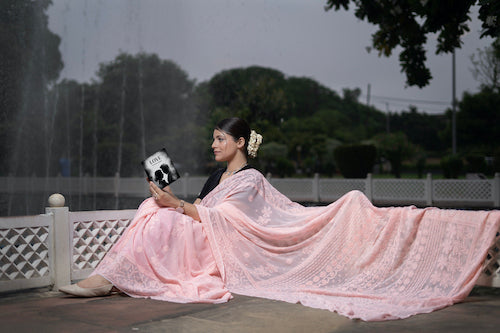 Shwet "Pastle Hues" Peach Chikankari Georget Saree