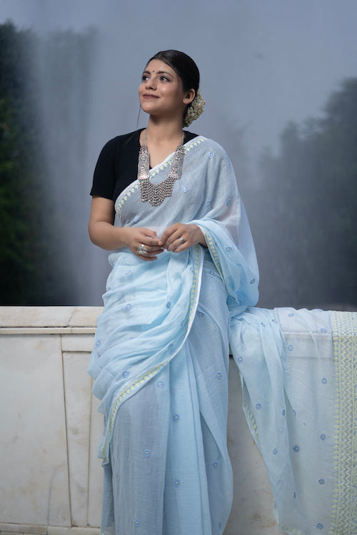 Pastel Light Blue Chikankari Kota Cotton Saree