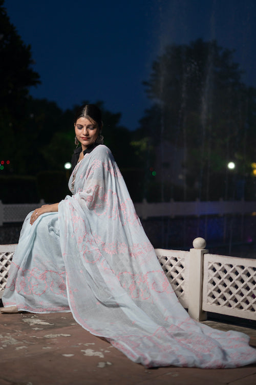 Sky Blue Chikankari Kota Cotton Saree