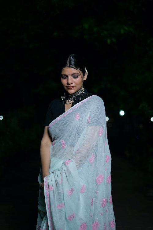 Shwet "Pastle Hues" Sea green Chikankari Kota Cotton Saree