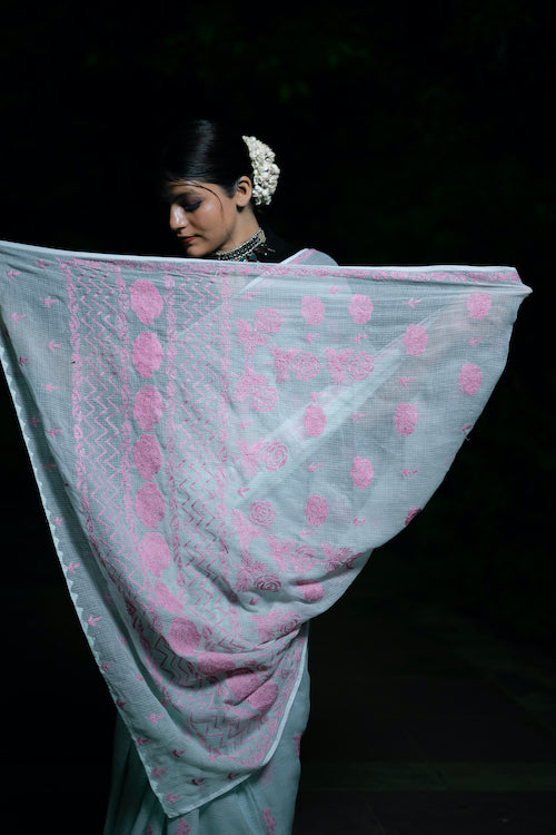 Shwet "Pastle Hues" Sea green Chikankari Kota Cotton Saree