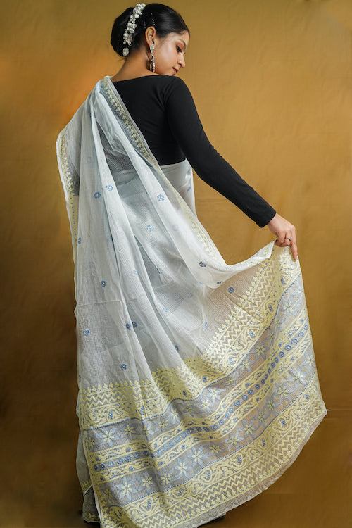 Pastel Light Blue Chikankari Kota Cotton Saree