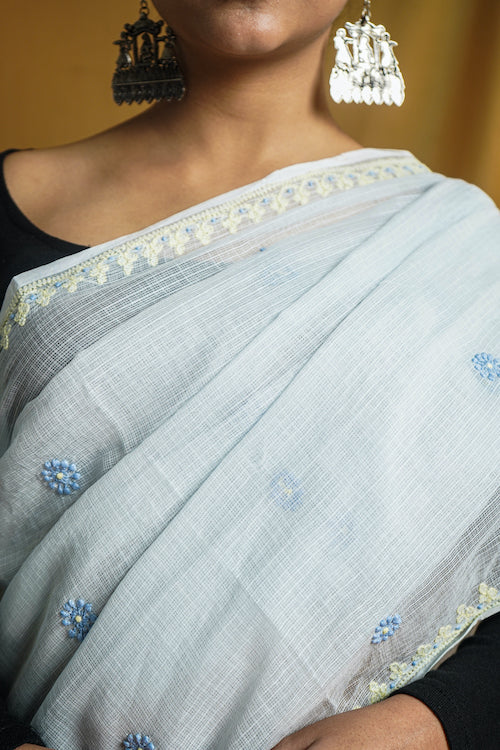 Pastel Light Blue Chikankari Kota Cotton Saree