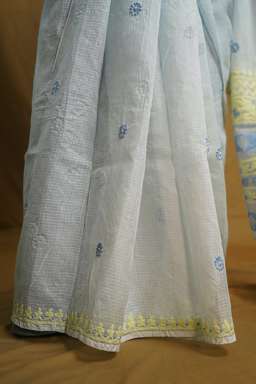 Pastel Light Blue Chikankari Kota Cotton Saree