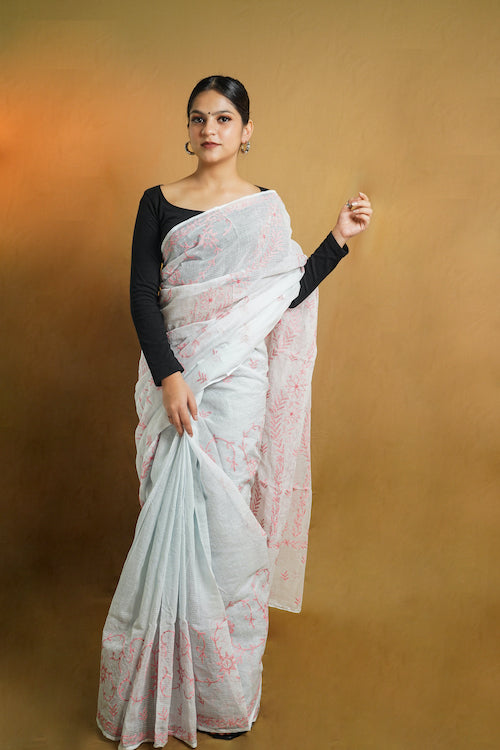 Sky Blue Chikankari Kota Cotton Saree