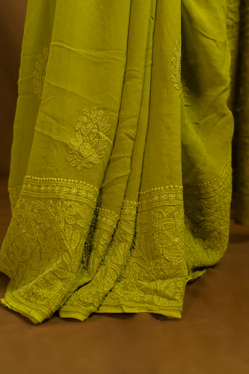 Shwet "Pastle Hues" Green Chikankari Georget Saree