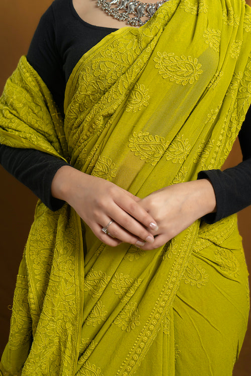 Shwet "Pastle Hues" Green Chikankari Georget Saree