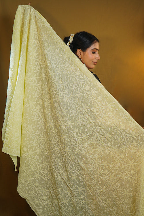 Shwet "Pastle Hues" Yellow Cotton Chikankari Dupatta