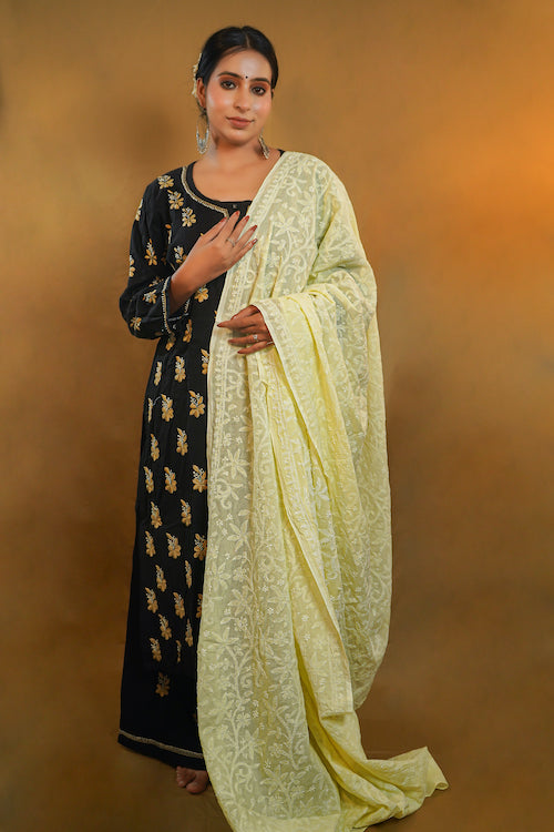 Shwet "Pastle Hues" Yellow Cotton Chikankari Dupatta
