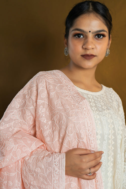 Shwet "Pastle Hues" Peach Cotton Chikankari Dupatta