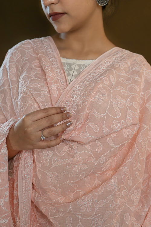 Shwet "Pastle Hues" Peach Cotton Chikankari Dupatta