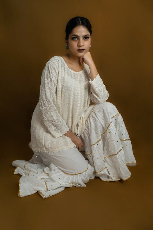 Shwet "Pastle Hues" White Cotton Garara