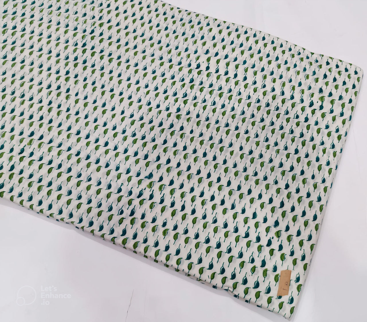 White Sanganeri Handblock Print with Blue and Green Leaf Butas