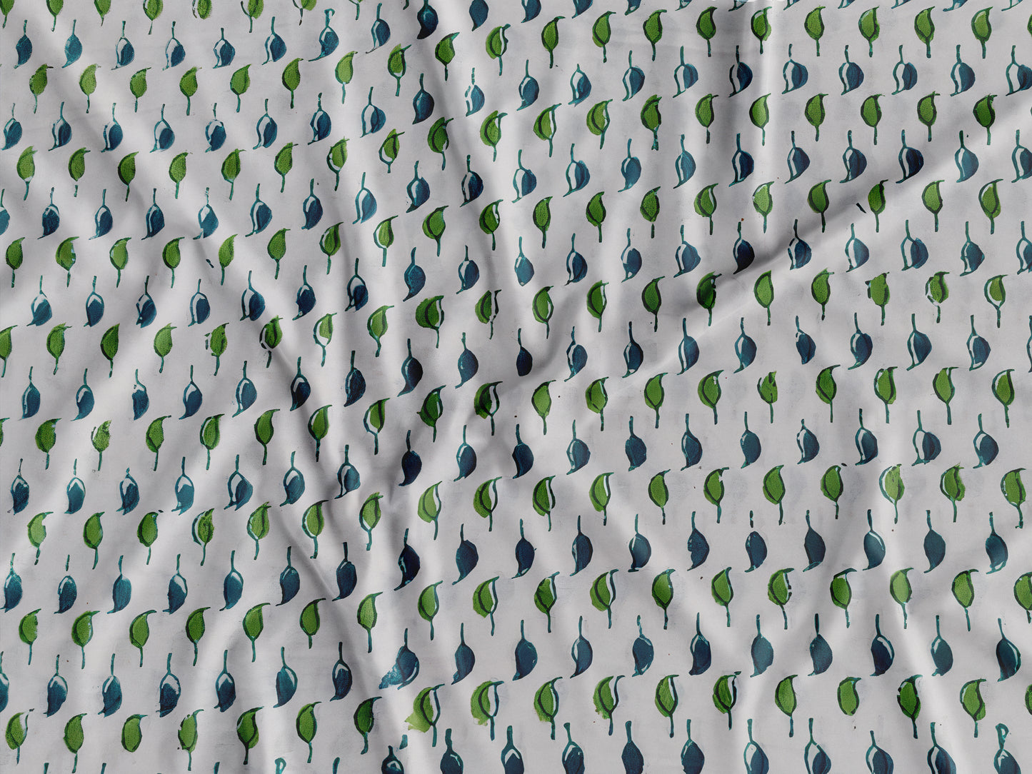 White Sanganeri Handblock Print with Blue and Green Leaf Butas