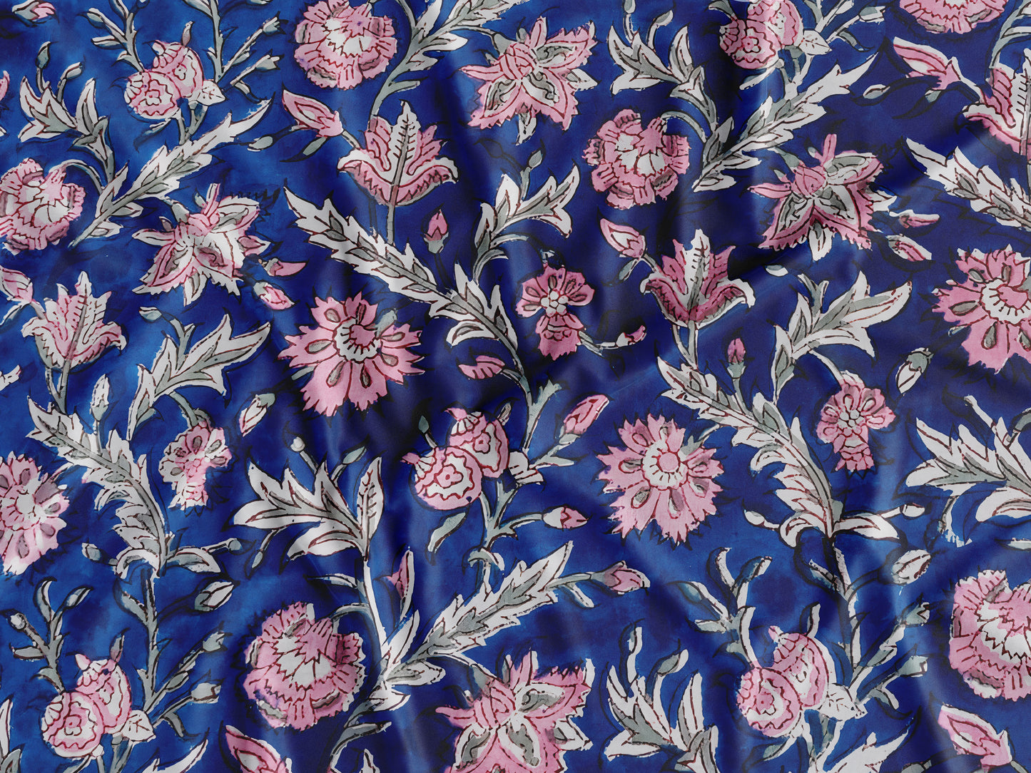 Navy Blue Sanganeri Handblock Print with Pink Flowers