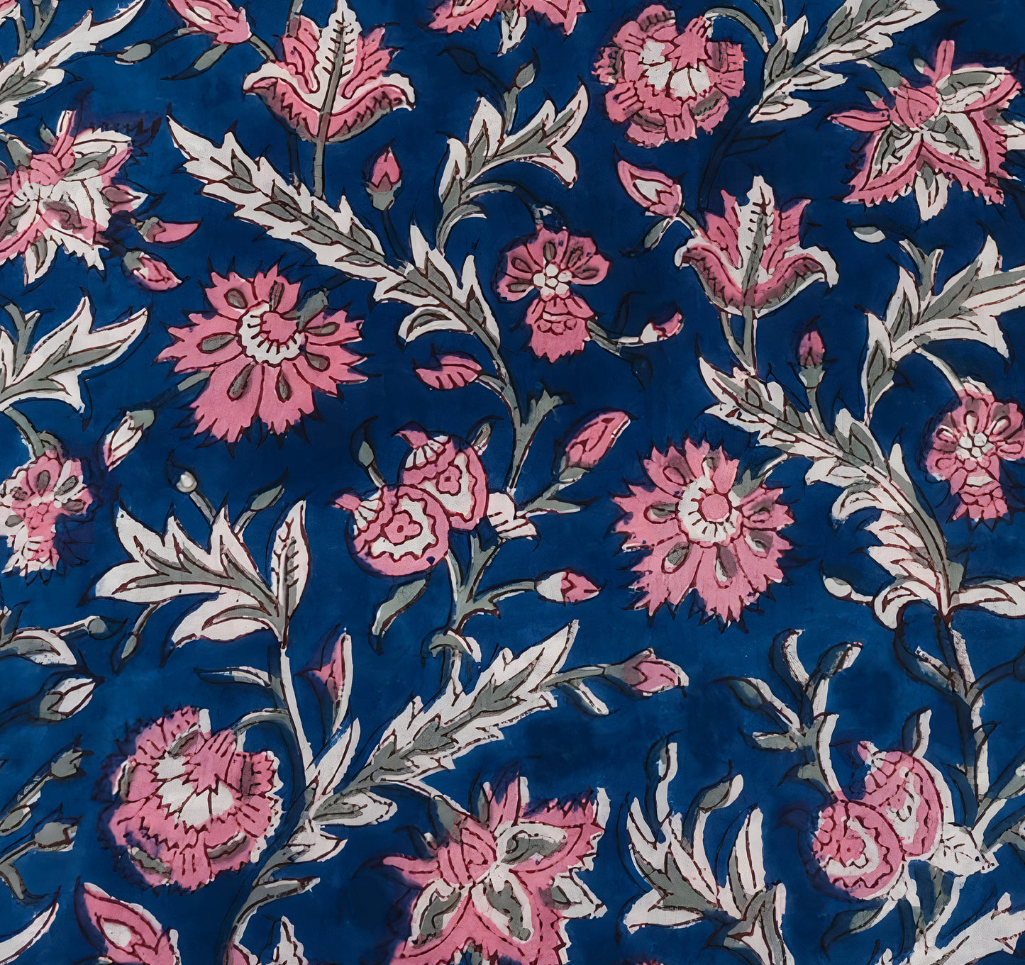 Navy Blue Sanganeri Handblock Print with Pink Flowers