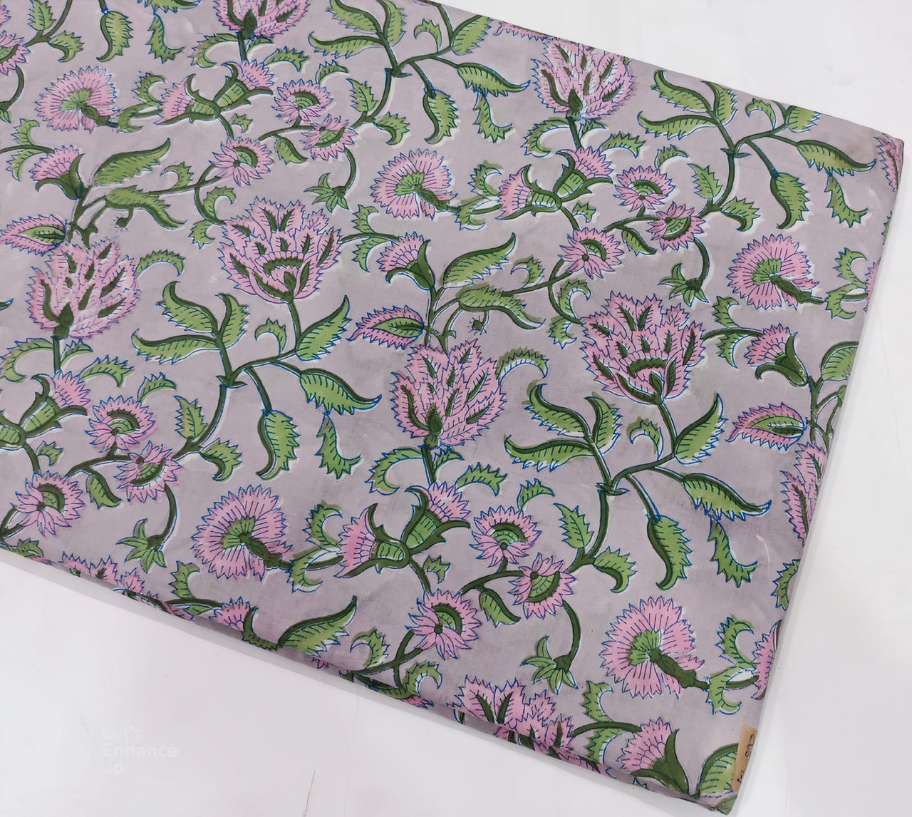 Soft Grey Base Sanganneri Handblock Print with Pink Flowers