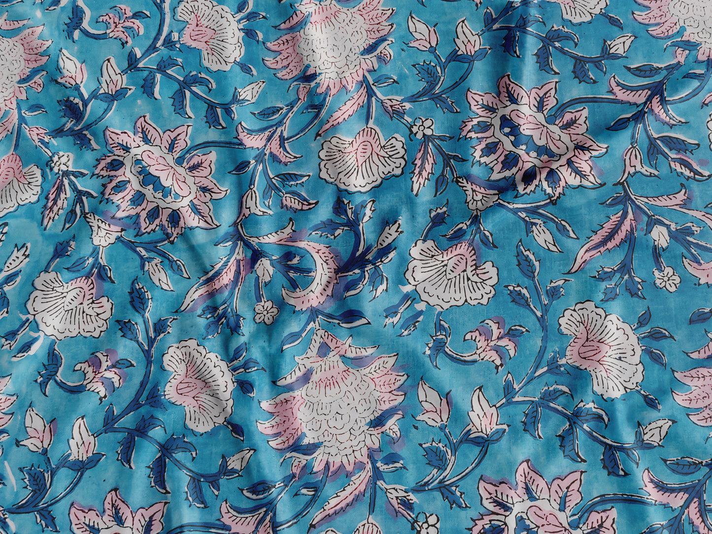 Mystical Blue Floral Sanganneri Handblock Print with Submarine Vines