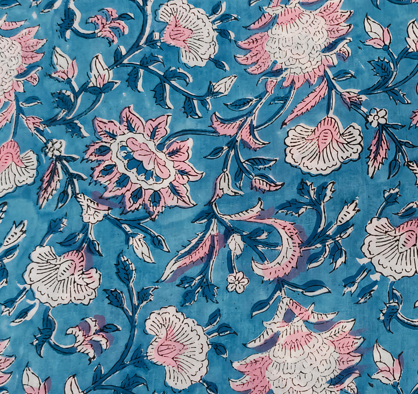 Mystical Blue Floral Sanganneri Handblock Print with Submarine Vines