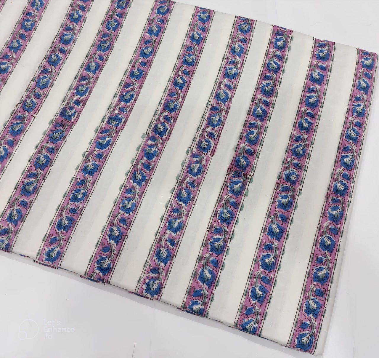 White Base Sanganneri Handblock Print with Pink and Blue Floral Stripes