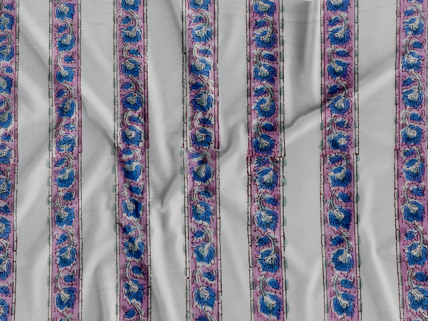 White Base Sanganneri Handblock Print with Pink and Blue Floral Stripes