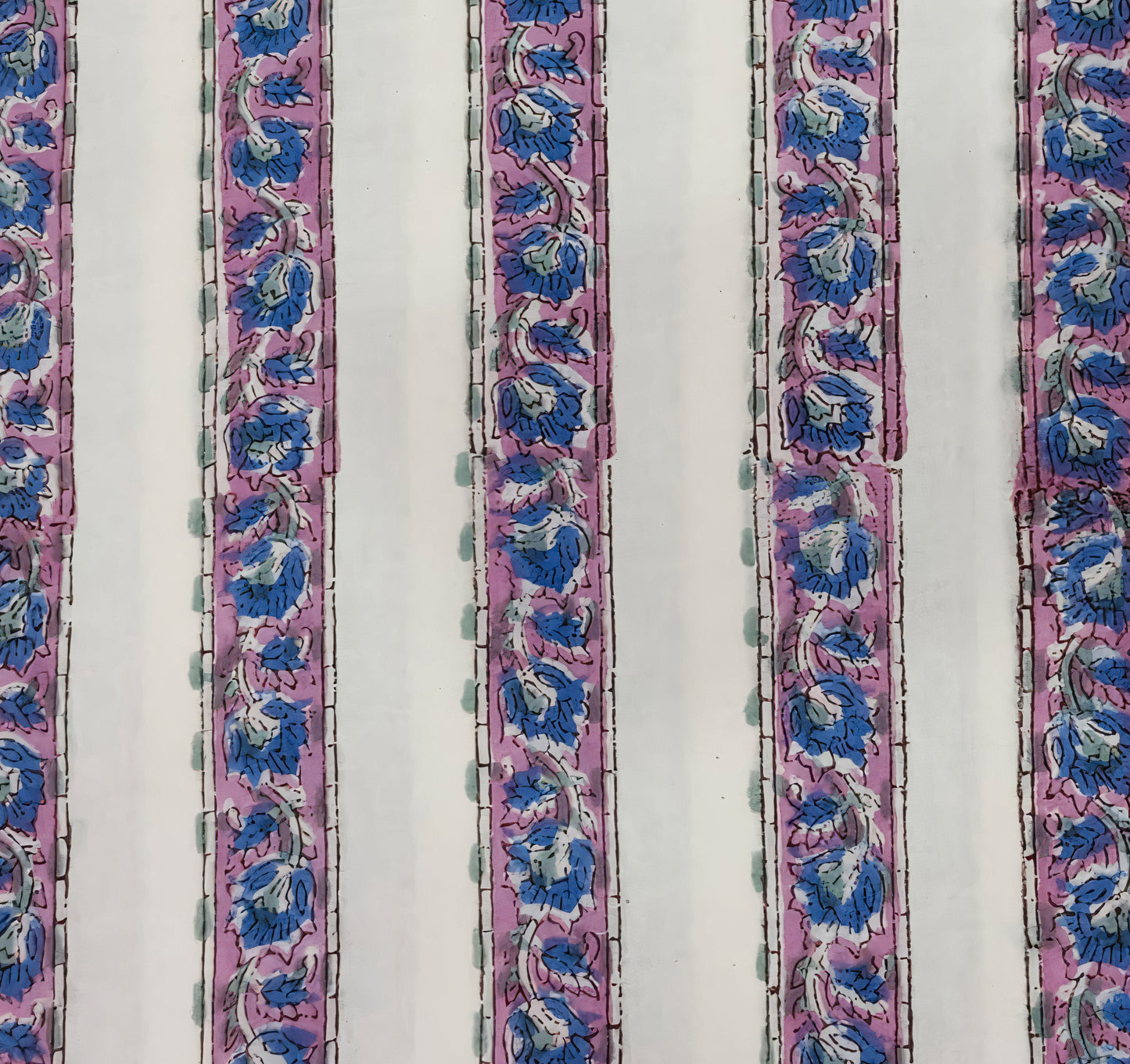 White Base Sanganneri Handblock Print with Pink and Blue Floral Stripes