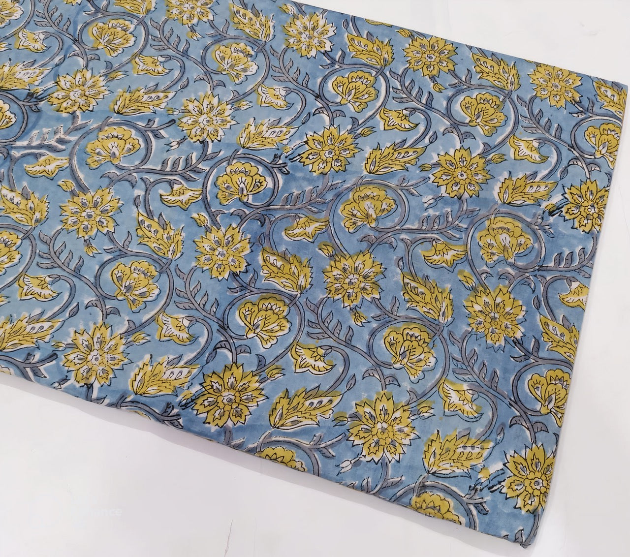 Dusty Blue Background Sanganneri Handblock Print with Yellow Flowal butas