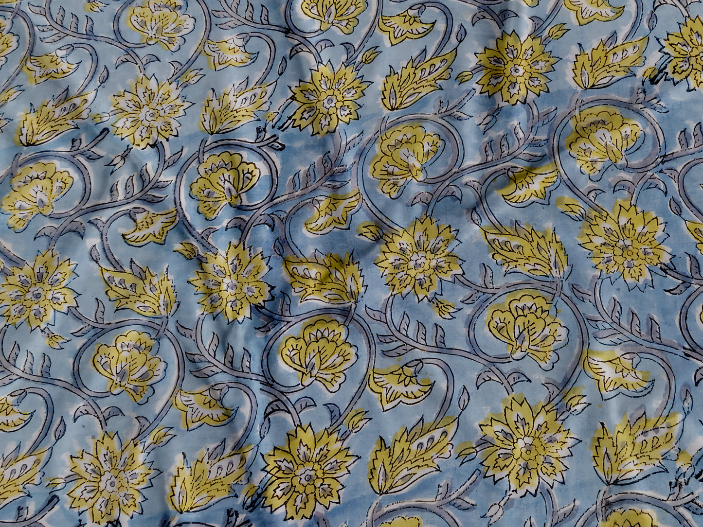 Dusty Blue Background Sanganneri Handblock Print with Yellow Flowal butas