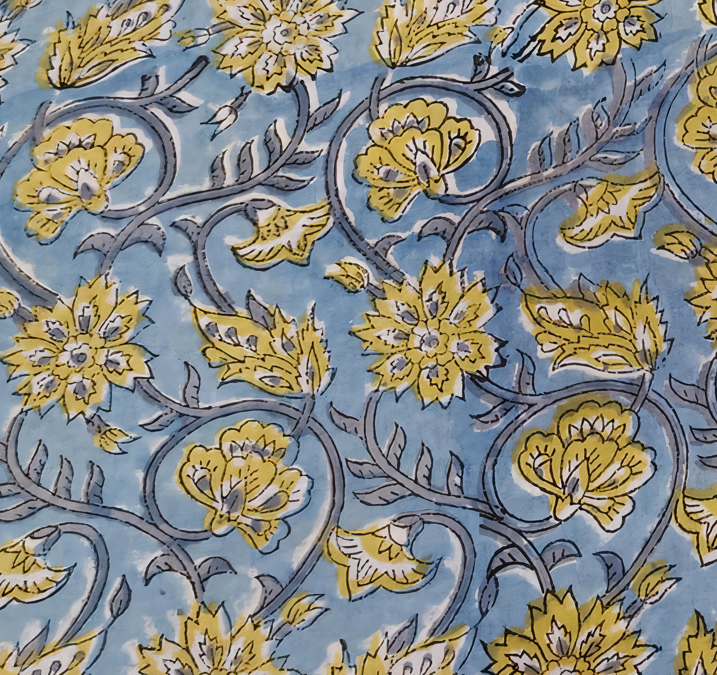 Dusty Blue Background Sanganneri Handblock Print with Yellow Flowal butas