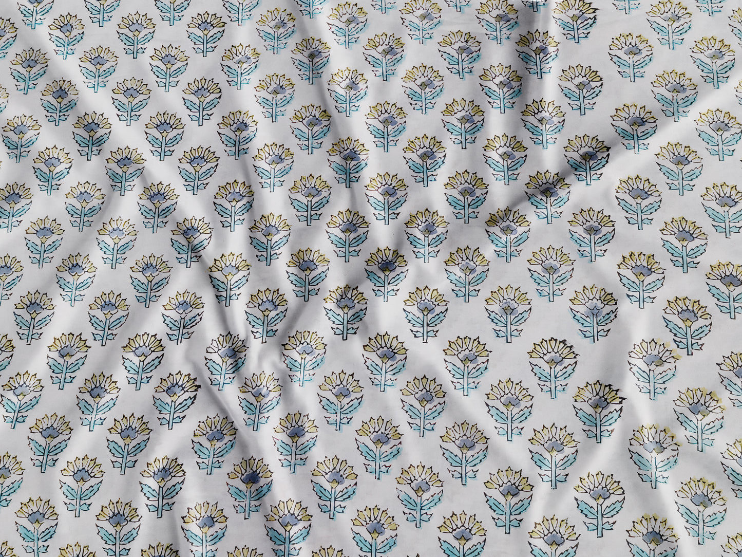 White Base Sanganneri Handblock Print with Yellow Floral Butas