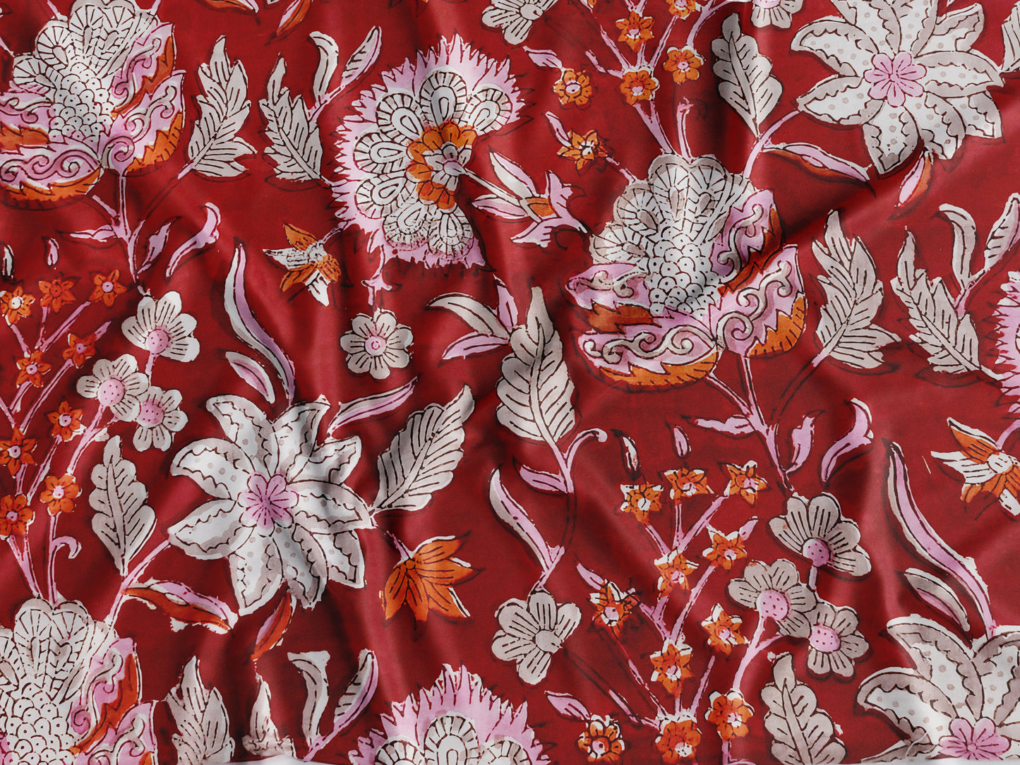 Deep Red Base Sanganneri Handblock Print with Light Pink Floral butas
