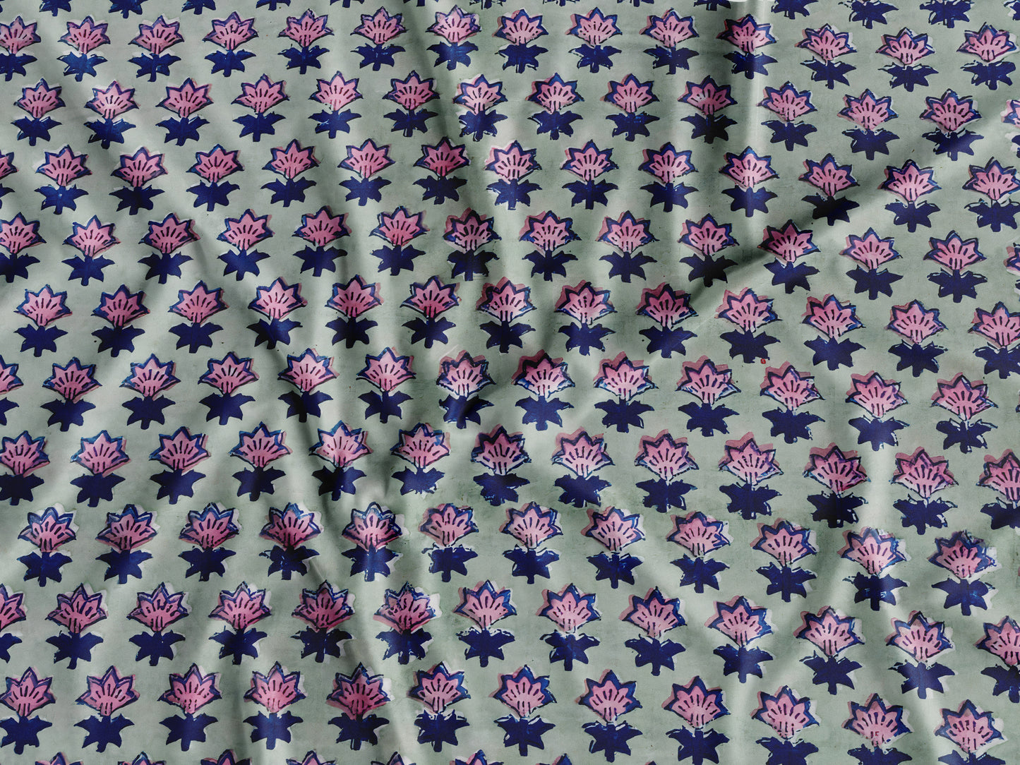Light Sage Green Base Sanganneri Handblock Print with Blue and Pink Floral Outlines