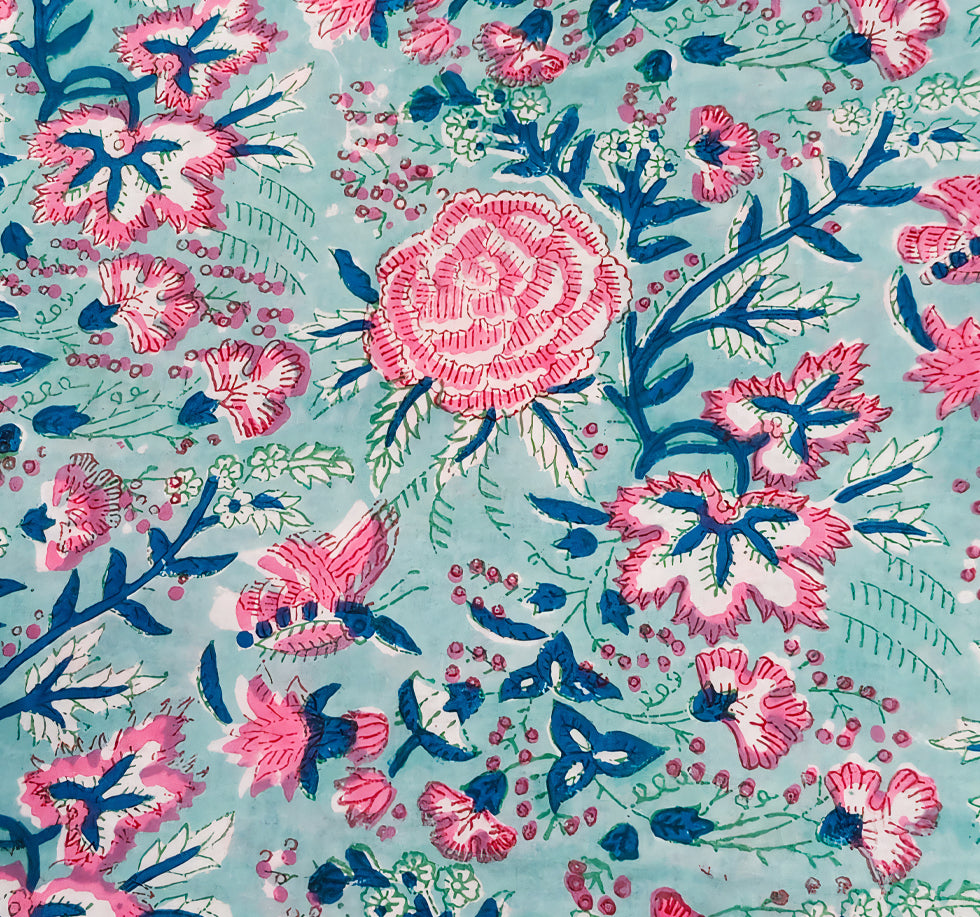 Soft Aqua Base Sanganneri Handblock Print with Pink Florals and Blue Leaf Outlines