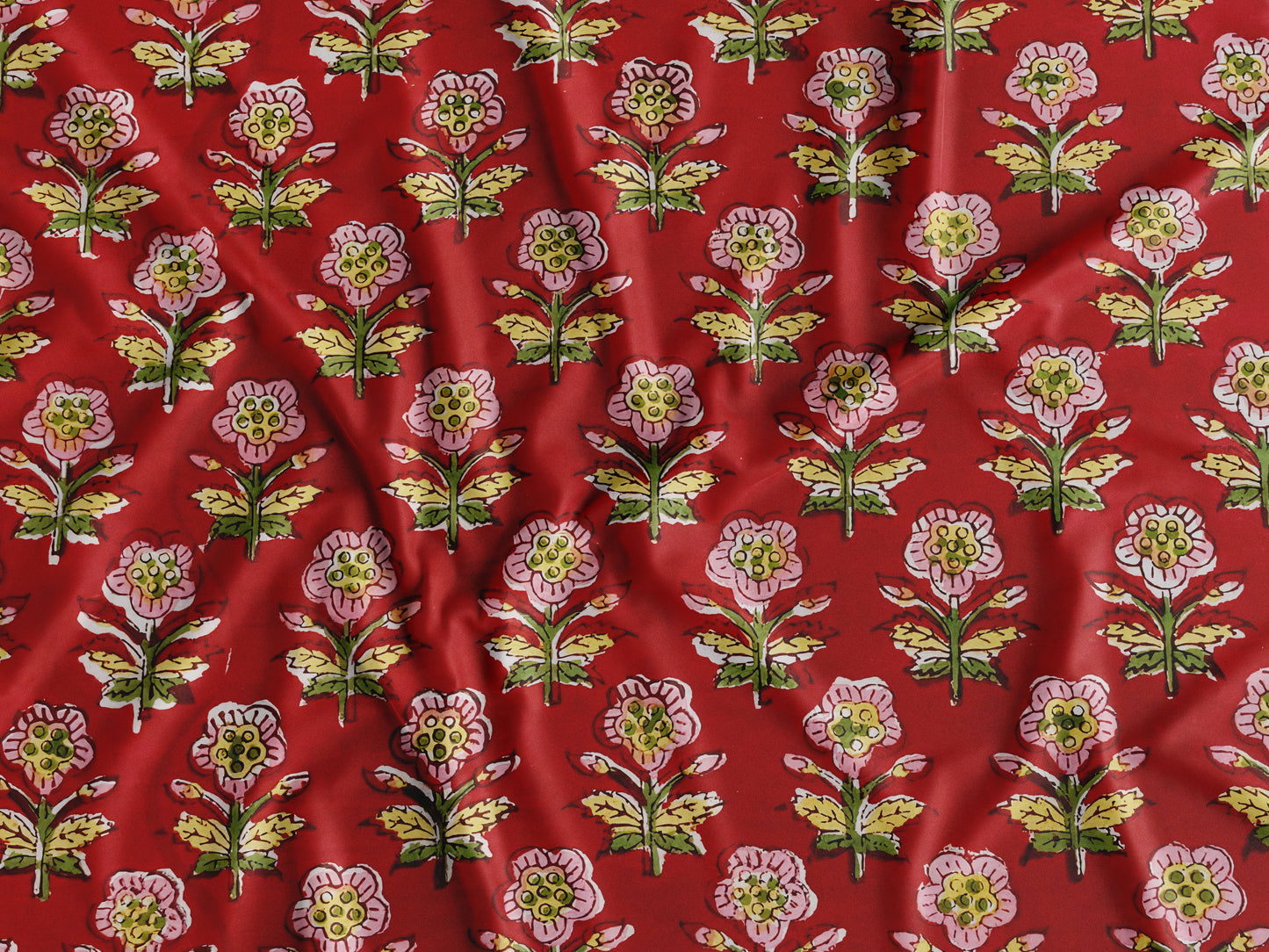 Deep Red Base Sanganneri Handblock Print with Cute Pink Florals