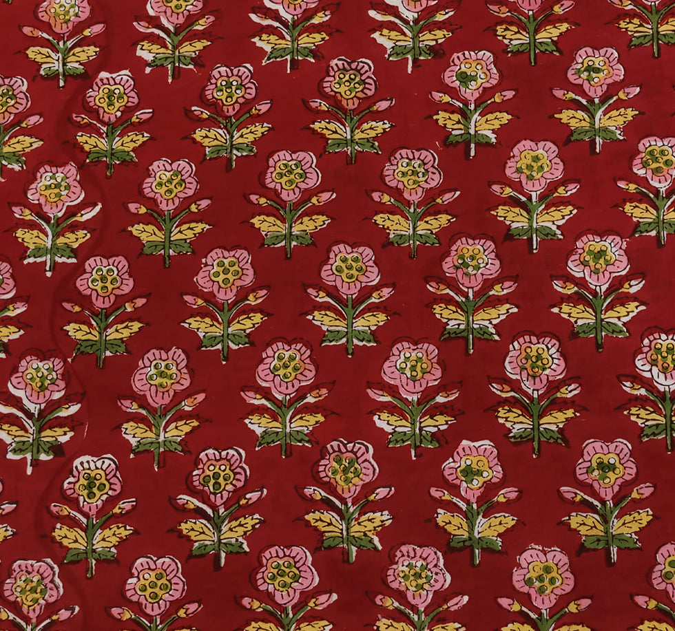Deep Red Base Sanganneri Handblock Print with Cute Pink Florals