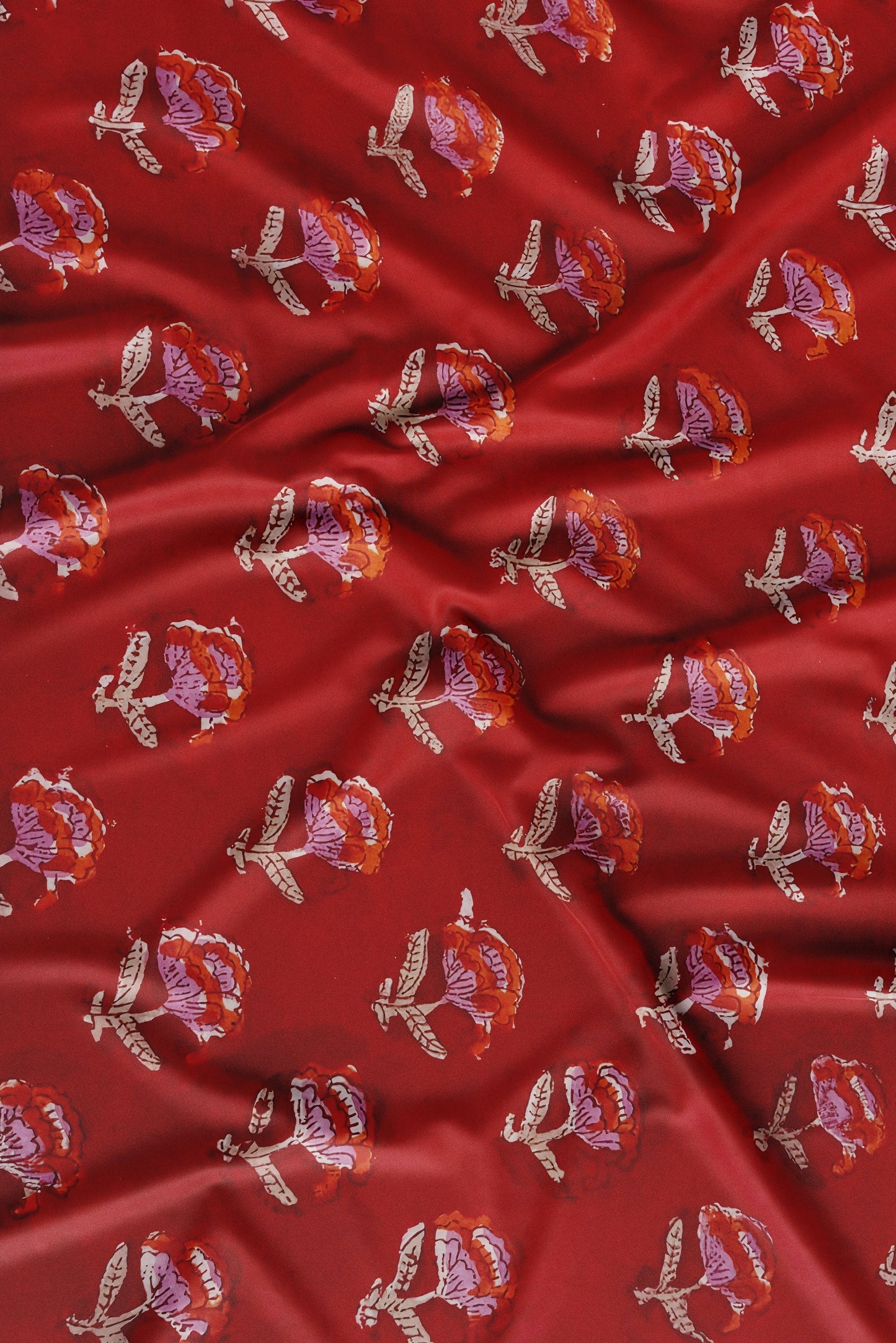 Red Base Sanganneri Handblock Print with Orange Florals and White Accents
