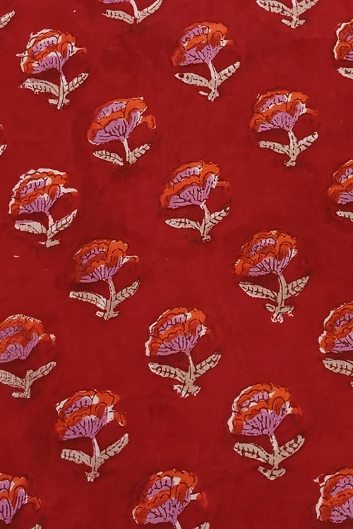 Red Base Sanganneri Handblock Print with Orange Florals and White Accents