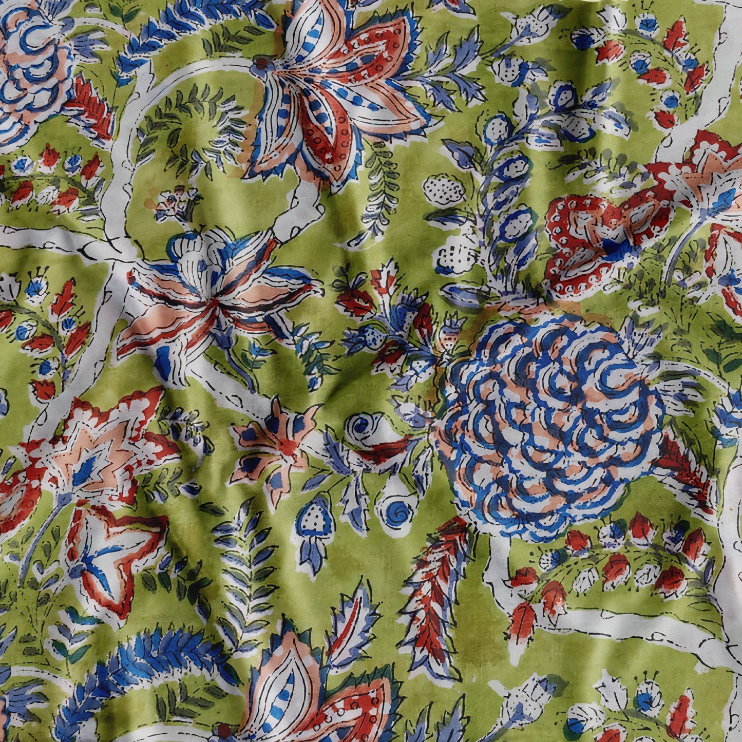 Underwater Floral Sanganneri Handblock Print on Soft Olive Base